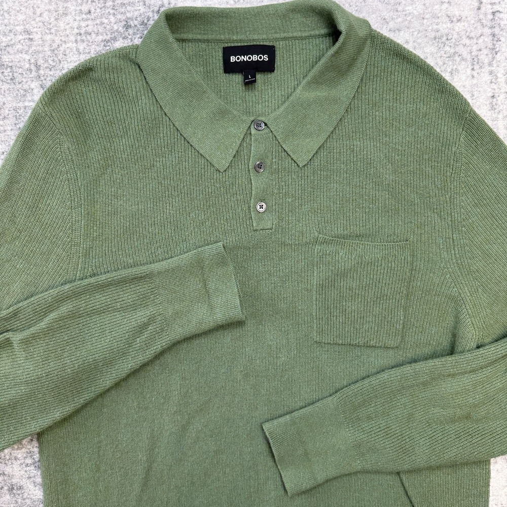 Bonobos Sweater Polo Men Large Green Knit Ribbed Long Sleeve Merino Alpaca Blend